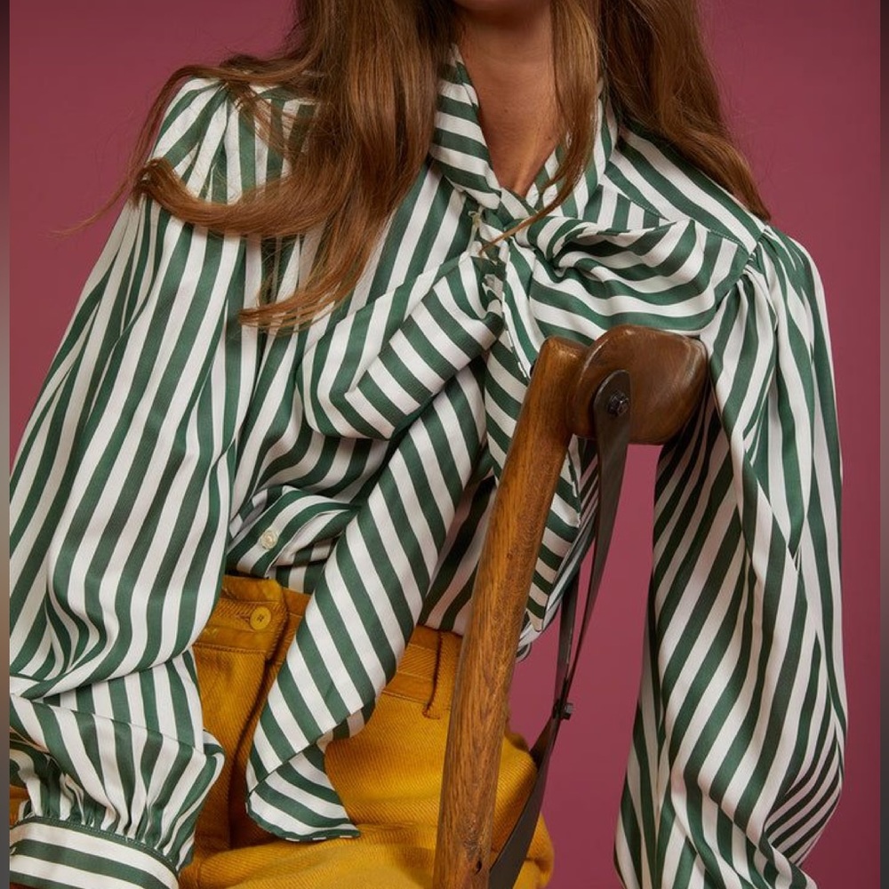 Line and Dot Green and White Striped Tie Blouse